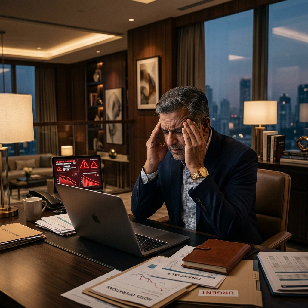 Stressed Hotel Owner discovering booking scam